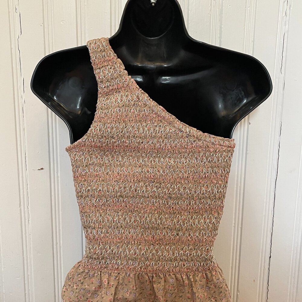 American Eagle Floral One Shoulder Smocked Linen Blend Top, Size Small - Picture 4 of 8